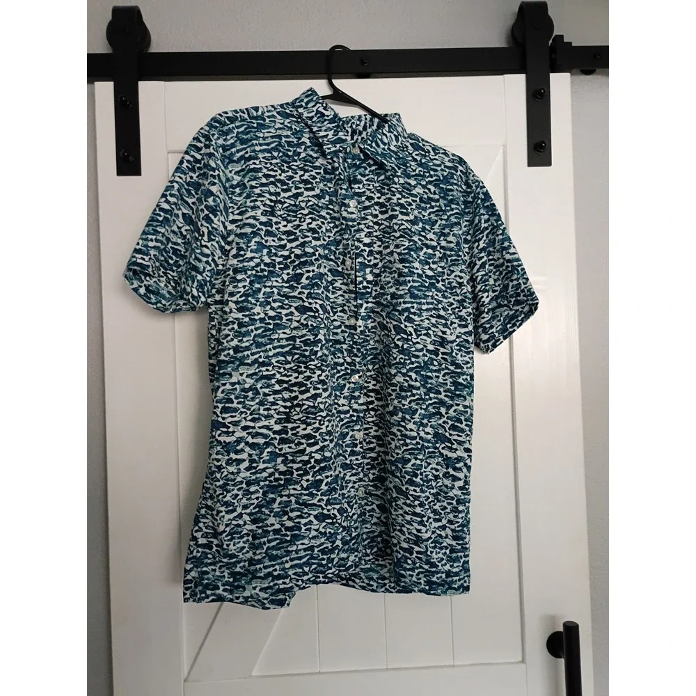 Van Heusen SS‎ Wind Waves Abstract Print Button-Up Shirt Large Harbor Blue White